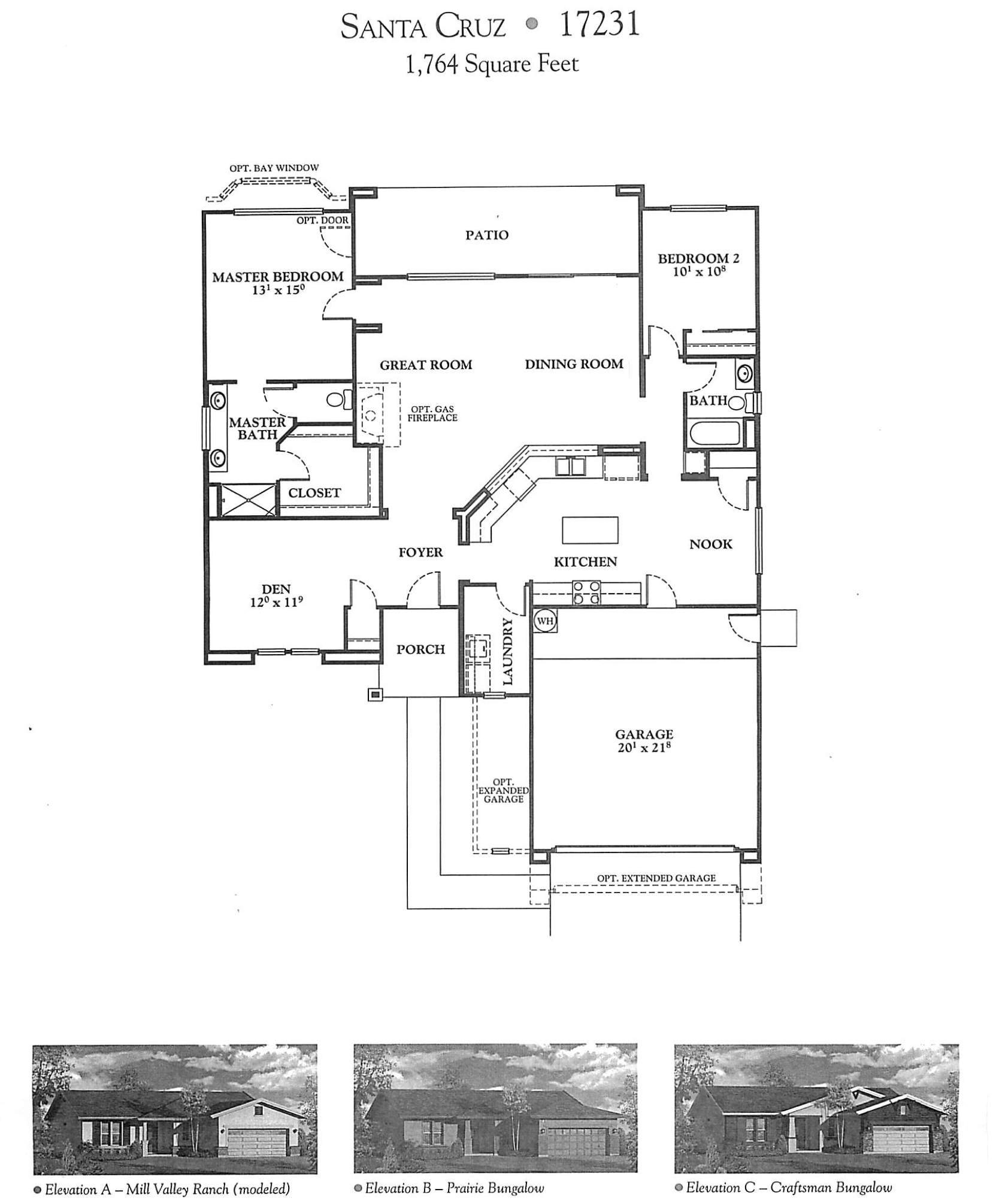 Architectural floor plan of a house in Santa Cruz, with various rooms labeled, including master bedroom, kitchen, garage, and other living spaces, along with three elevation images of different types of bungalows.