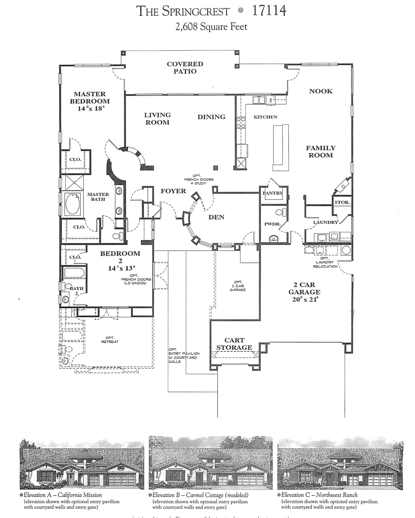 Architectural drawing of a house plan titled 'The Springcrest 17114, 2,608 square feet,' showing different elevation options with descriptions for California Mission, Carmel Cottage, and Northwest Ranch styles, including exterior views and courtyard details at the bottom.