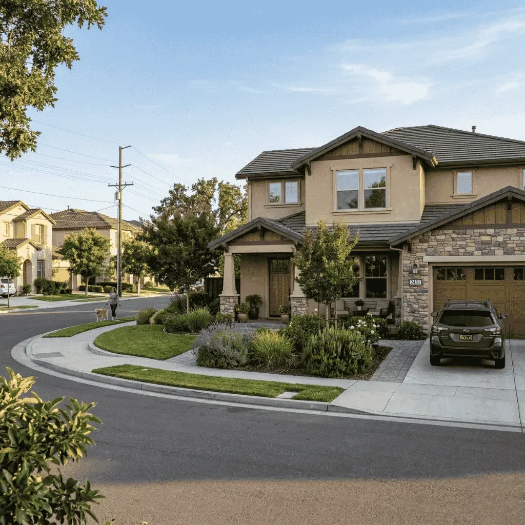 A suburban neighborhood street with a two-story house featuring a stone and stucco facade, a black car parked in the driveway, and a person walking a dog on the sidewalk, with trees and other houses in the background under a clear blue sky.
