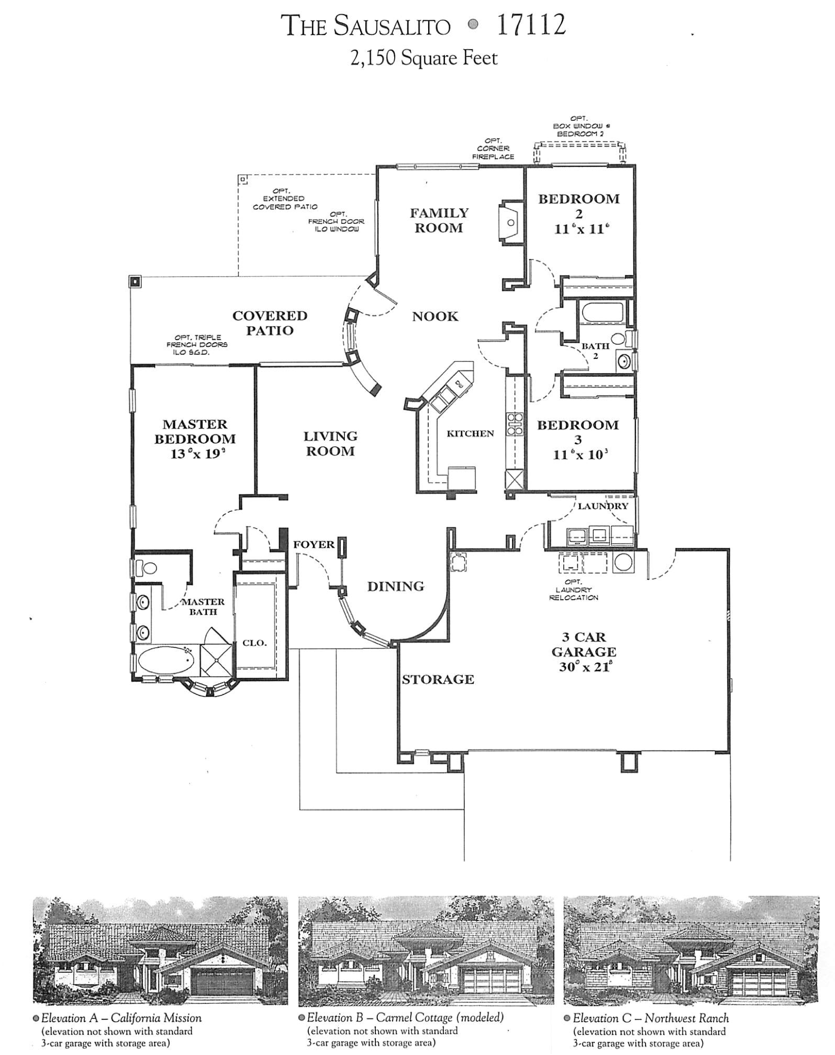 Architectural floor plan for a house named 'The Sausalito' with 2,150 square feet, including rooms such as family room, kitchen, bedrooms, bathrooms, living room, dining area, laundry, garage, and outdoor covered patio, with three house elevation options shown at the bottom.