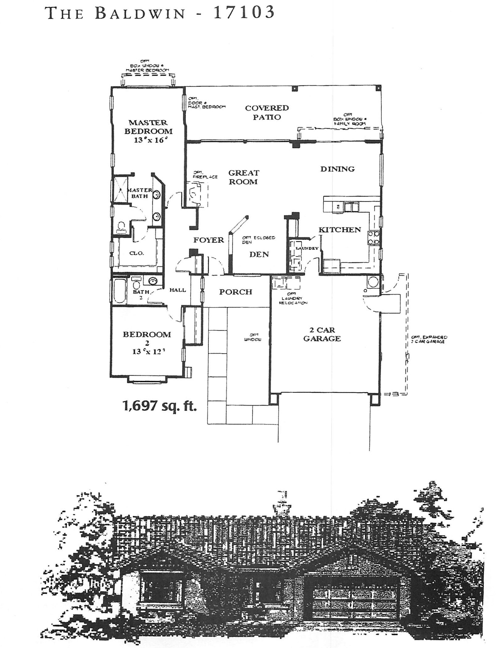 Architectural blueprint of a house with labeled rooms including master bedroom, master bath, den, porch, kitchen, dining room, great room, laundry, garage, and porch. The blueprint is titled THE BALDWIN - 17103.
