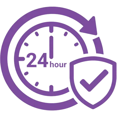 Purple clock with a 24-hour time format, surrounded by a circular arrow, and a shield with a checkmark, representing 24/7 customer support or service.