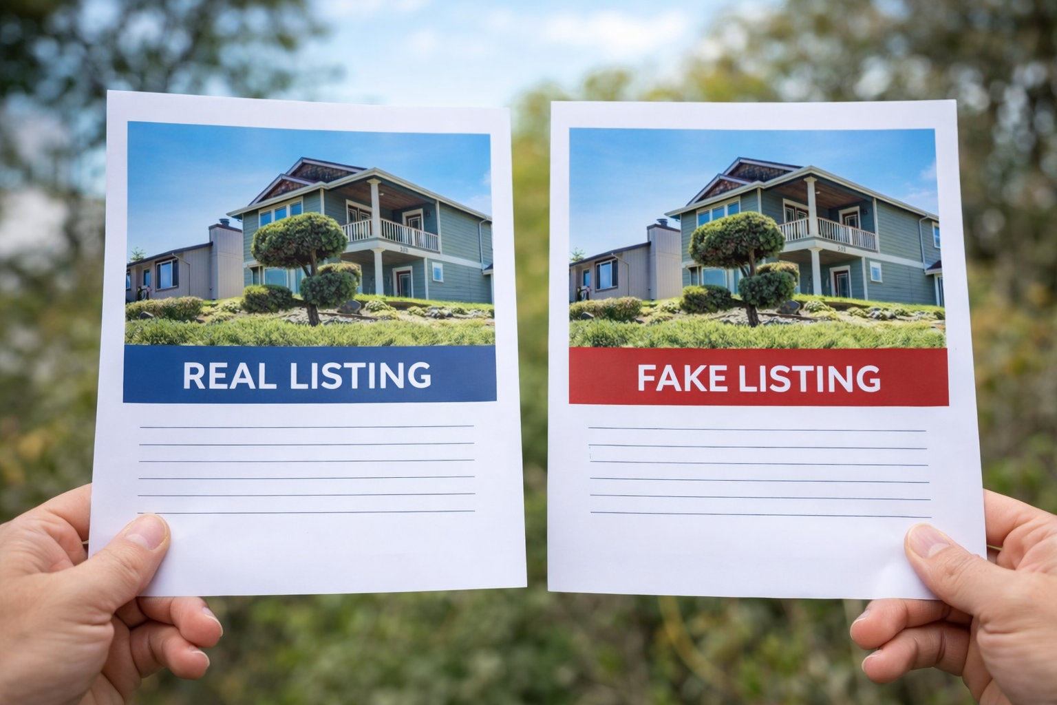 Comparison of real vs fake rental listings showing how scammers duplicate property listings to trick renters
