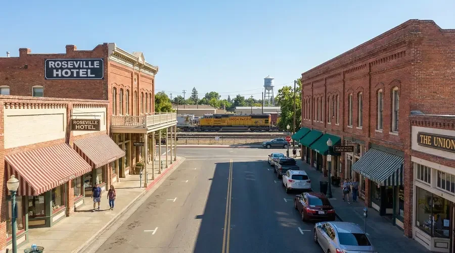 Downtown street view with brick buildings, storefronts with awnings, parked cars, and a train passing on tracks in the background, under a clear sky.