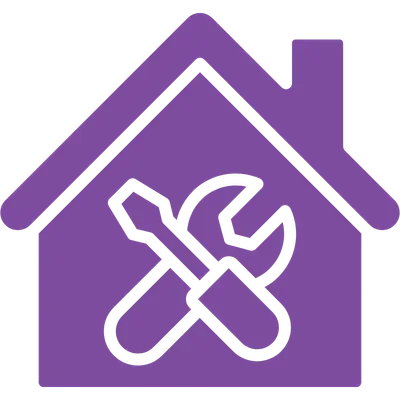 Icon of a house with a wrench and screwdriver crossed inside it, representing home repair or maintenance.