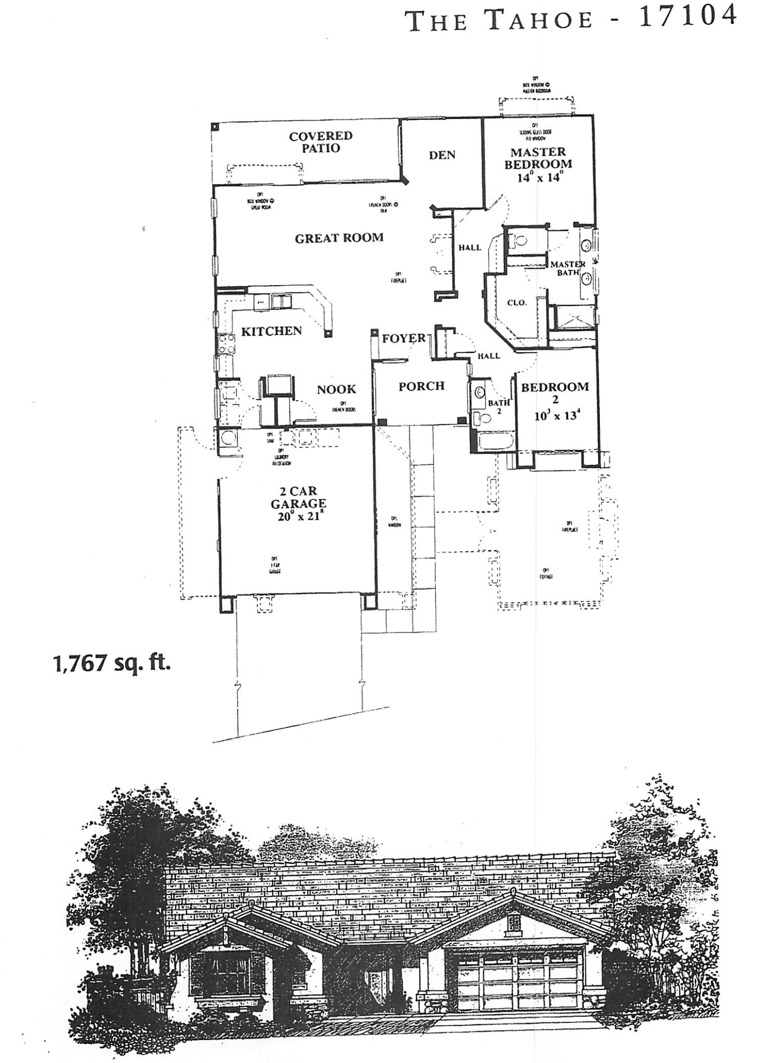 Black and white illustration of a house with a front porch, trees, and a landscaped lawn.