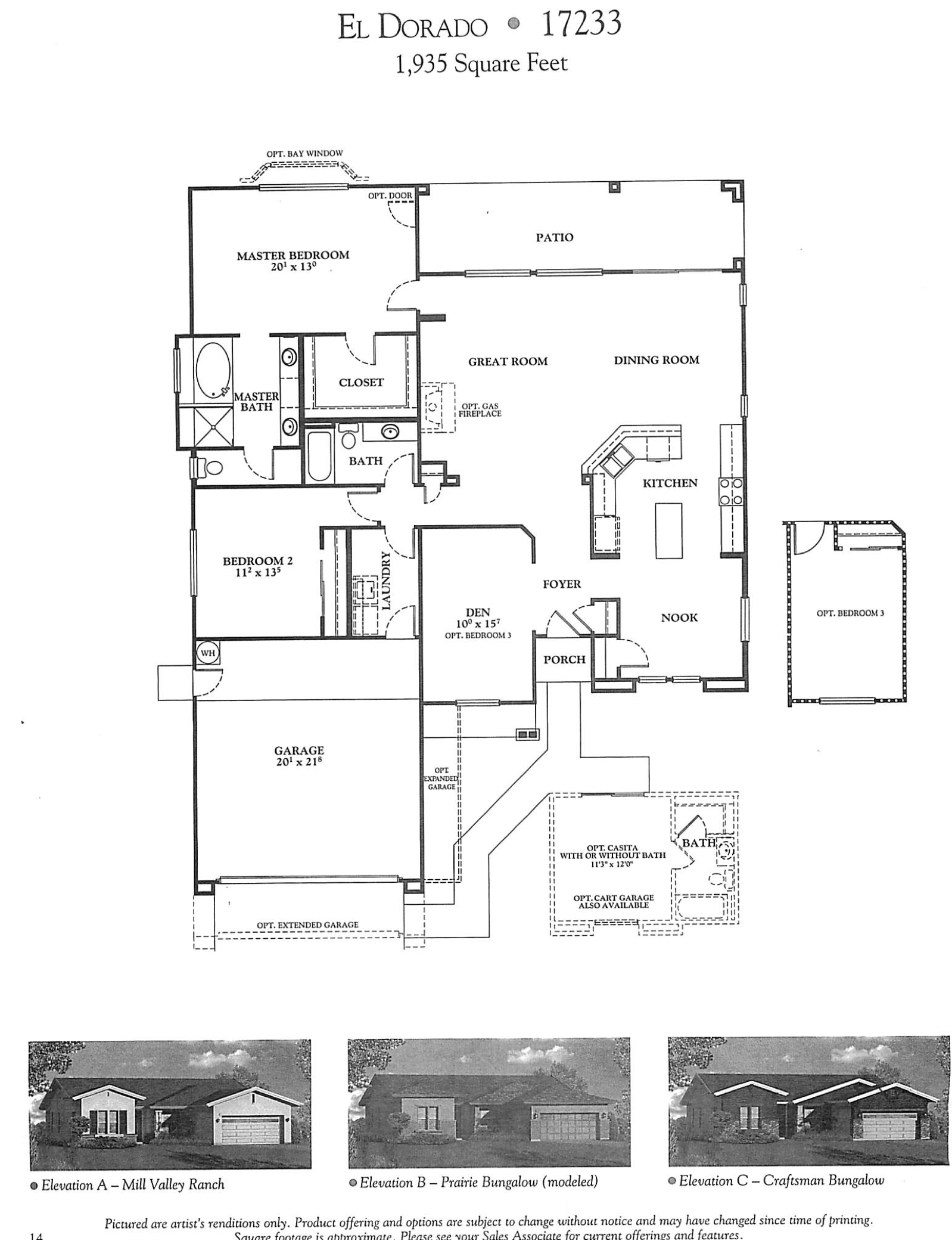 Floor plan for a house called El Dorado with various labeled rooms, measurements, and options for modifications.