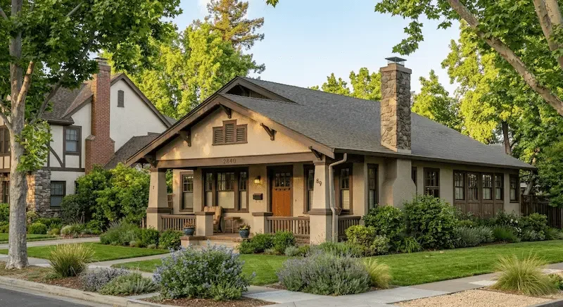 A cozy single-story house featuring a wooden porch, surrounded by lush green bushes and trees, with a neatly maintained lawn and clear blue sky.