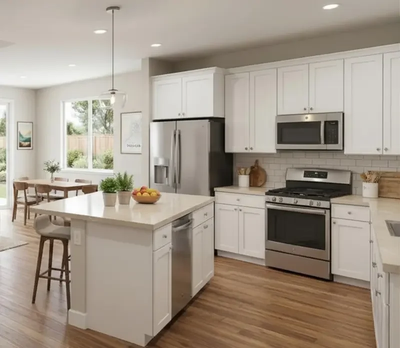 Modern kitchen with white cabinets, stainless steel appliances, a kitchen island, and a dining area with a wooden table and chairs.