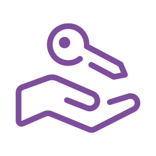 Outline of a hand and a key in purple with a black background.