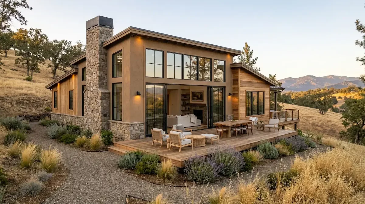 Modern house with a large wooden deck, outdoor seating, and mountain views.