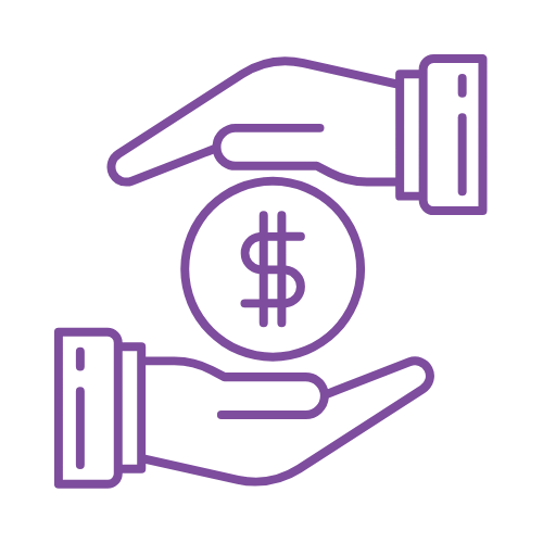 Line drawing of two hands holding a dollar coin with a dollar sign, illustrating financial exchange or money transfer.