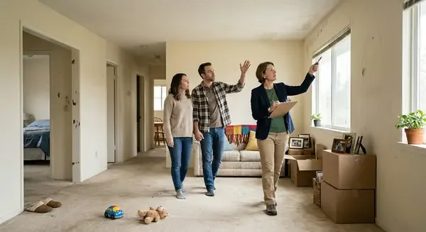 Real estate agent showing an apartment to a couple, pointing out features near a window.