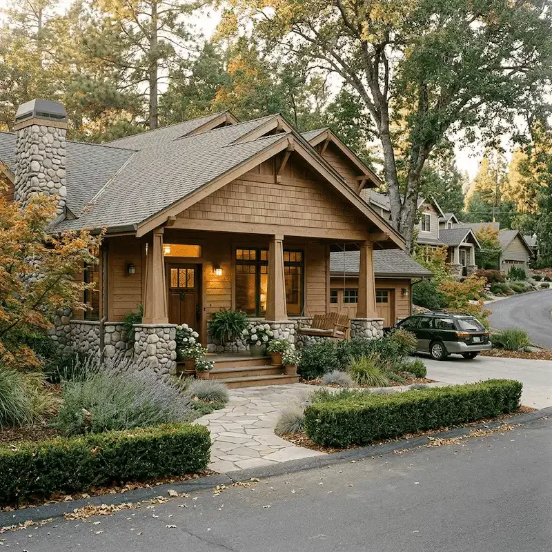 A cozy, wooden house with a stone foundation, front porch, and gabled roof, surrounded by lush greenery and trees, with a driveway and parked car in front.