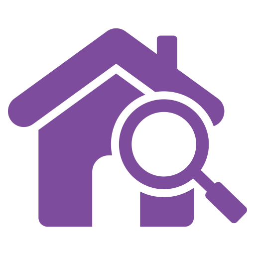 Purple house icon with magnifying glass