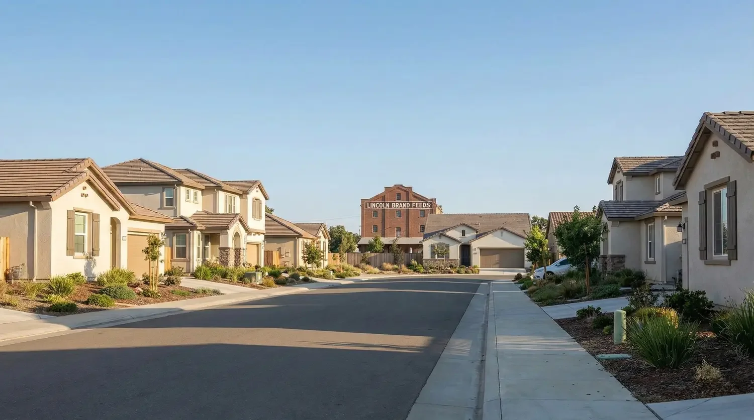 Residential neighborhood street with houses and a large brick building in the background labeled "Lincoln Brand Feeds".