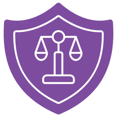 A purple shield with scales of justice and a gavel symbol, representing law and justice.