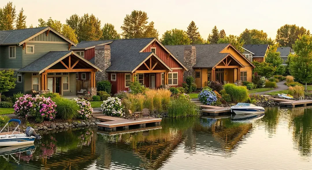 A scenic view of lakeside houses with colorful exteriors and extensive landscaping, including flowering bushes, trees, and a dock with boats.