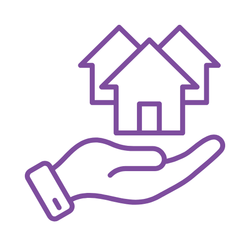 Outline illustration of a hand holding three house icons, symbolizing real estate or home ownership.