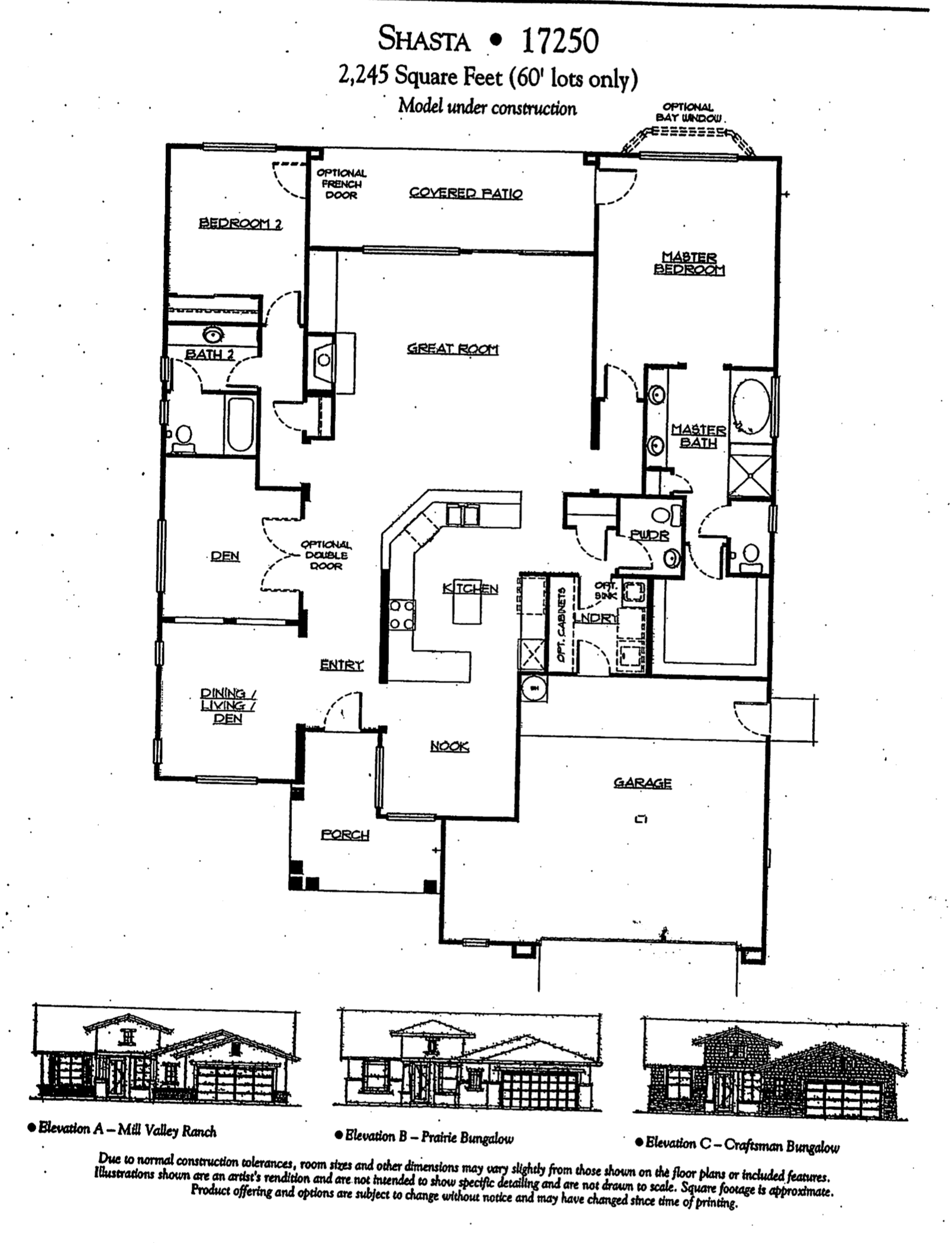 Architectural floor plan of a house with labeled rooms including a porch, entry, den, kitchen, great room, bedrooms, bathrooms, laundry, garage, and optional features. There are also exterior elevation drawings of three different house styles at the bottom.