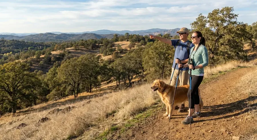 A couple hiking with their golden retriever on a trail overlooking a landscape of rolling hills and trees.