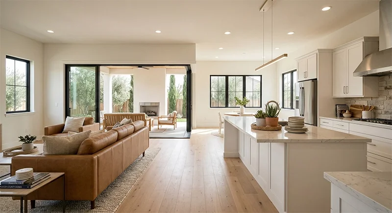 Open-concept living room and kitchen with white cabinets, large island, light wood floors, and windows with black framing opening to an outdoor patio with seating area and fireplace.
