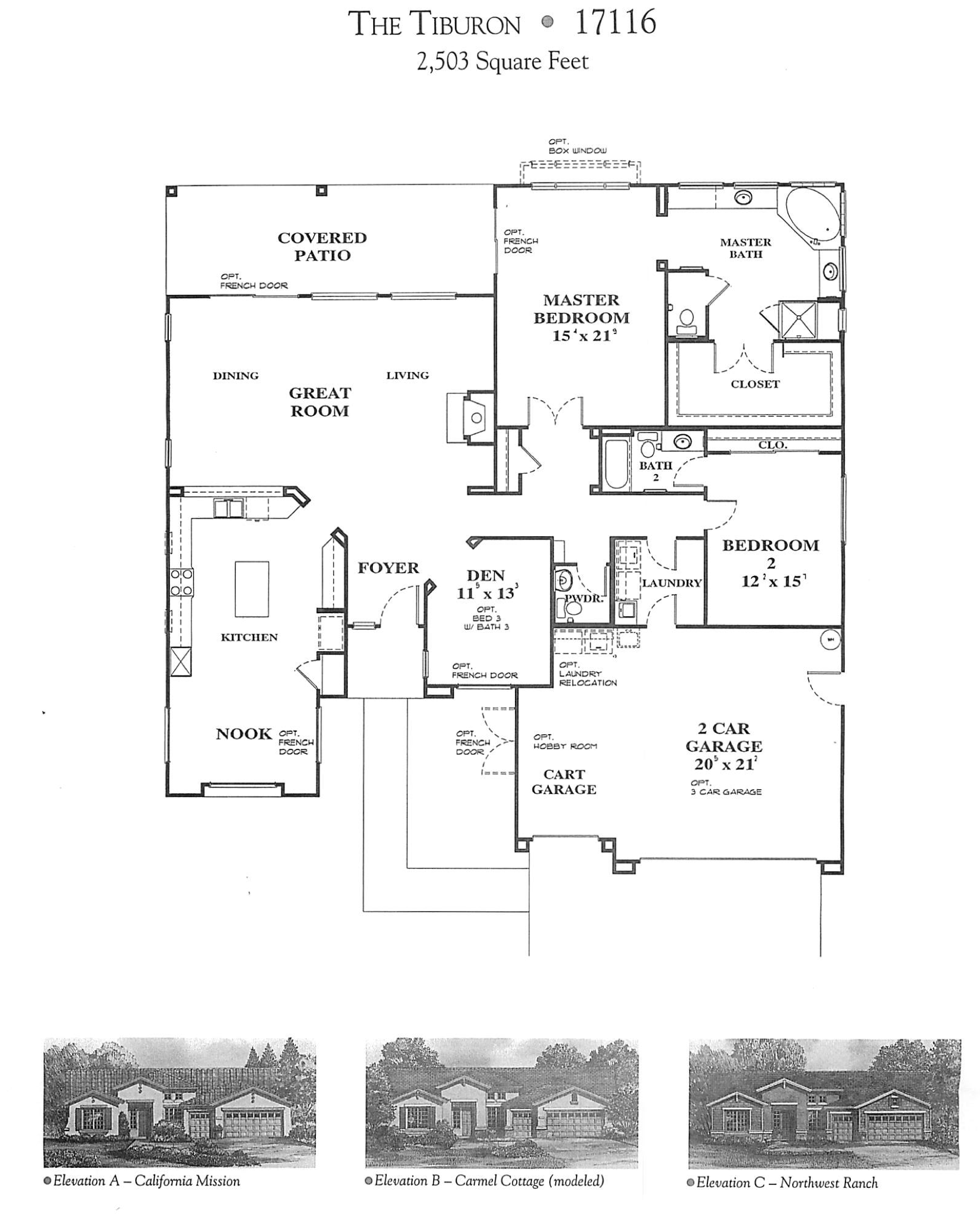 Architectural floor plan for a house called 'The Tiburon' with total area of 2,503 square feet, including labels for rooms such as master bedroom, kitchen, great room, and garage, and exterior elevation illustrations.