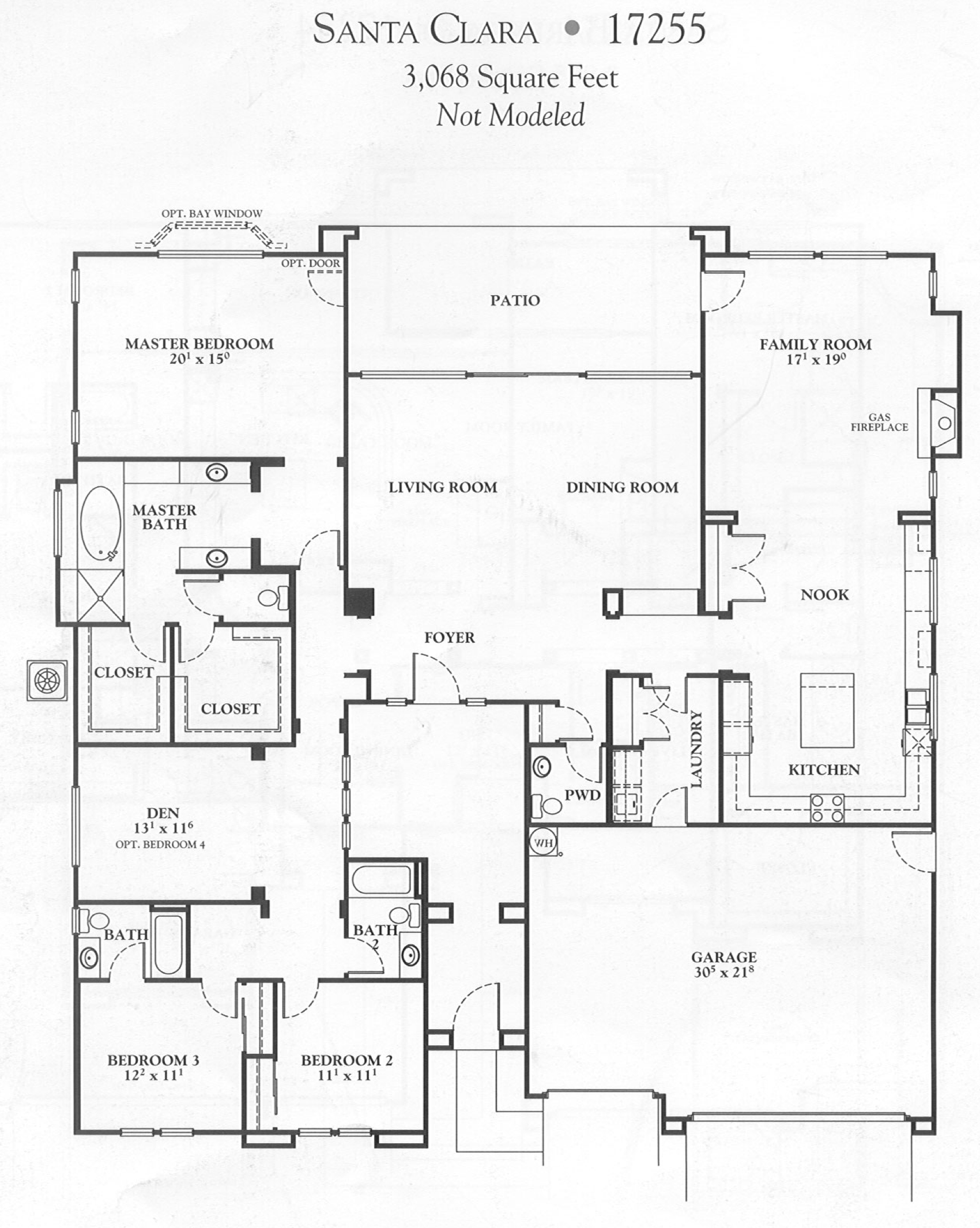 Floor plan of a house labeled 'Santa Clara,' with various rooms such as bedrooms, bathrooms, laundry, kitchen, living and dining rooms, a garage, and a patio, along with measurements and optional features.