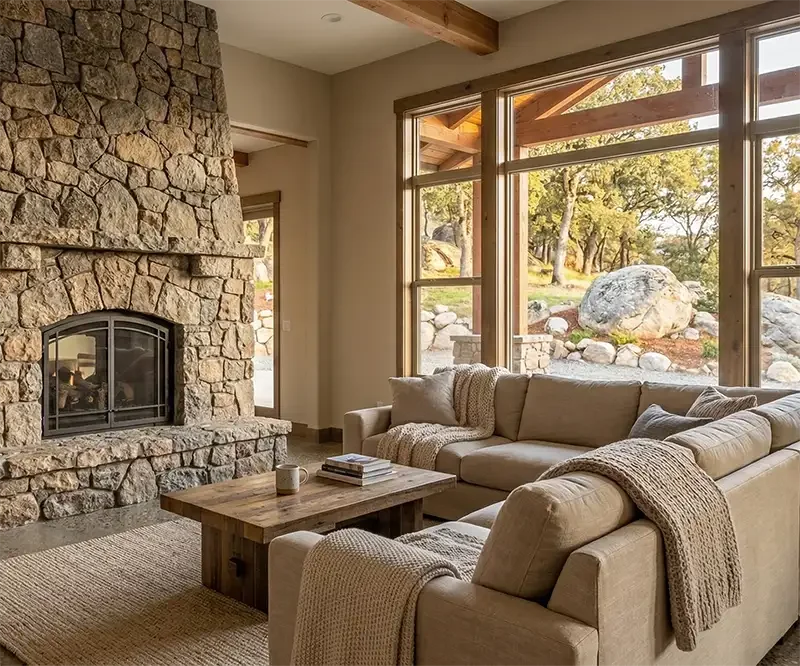 Living room with large stone fireplace, beige sectional sofa with blankets, wooden coffee table with books and a mug, large windows showing trees and rocks outside.