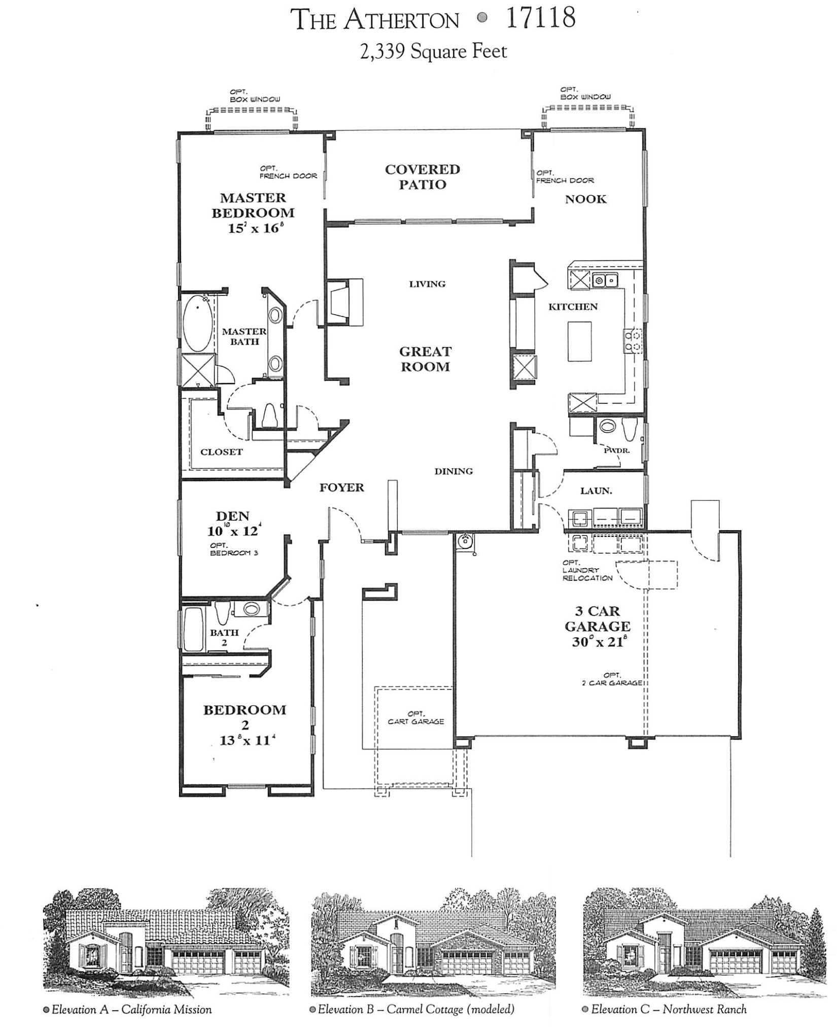 Architectural blueprint of a property named 'The Atherton' with a total area of 2,339 square feet, including detailed drawings of elevation views labeled California Mission, Carmel Cottage, and Northwest Ranch, and featuring a front yard with trees and a row of similar houses.