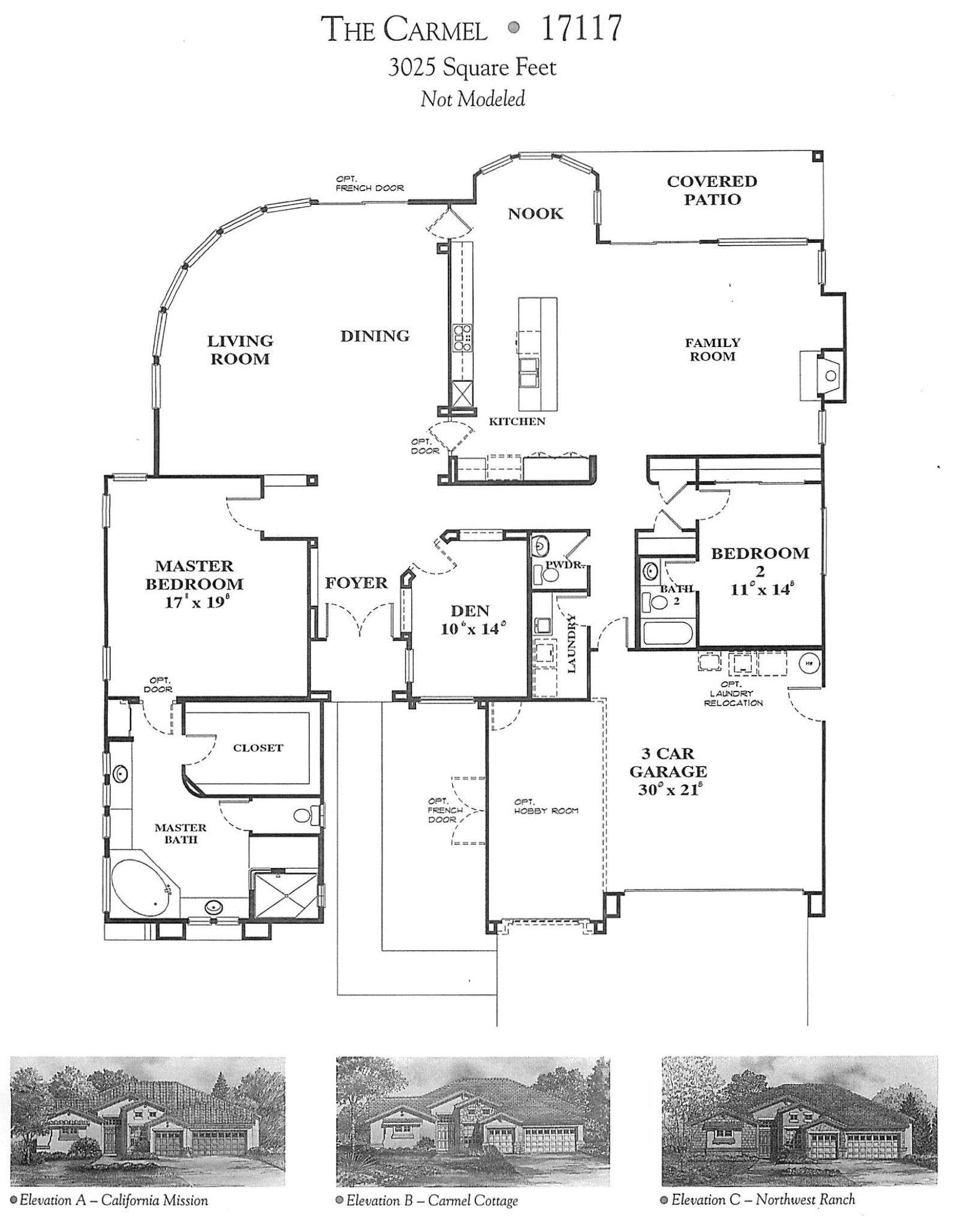 Floor plan of a house named The Carmel, with a specified area of 3025 square feet, not modeled. The plan includes various labeled rooms such as living room, master bedroom, den, kitchen, nook, family room, covered patio, bedroom 2, laundry room, and a 3-car garage. Architectural elevations of three house designs called California Mission, Carmel Cottage, and Northwest Ranch are also shown at the bottom of the image.