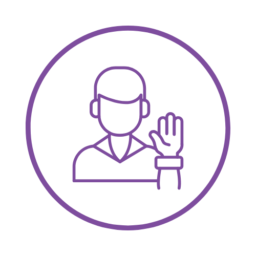 Line drawing of a person with short hair, raising a hand in a stop gesture, inside a circle, in purple outline.