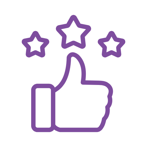Purple outline of a thumbs-up hand with three stars above it.