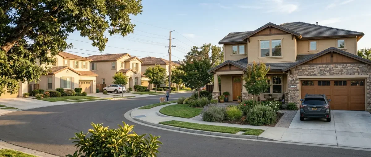 A suburban neighborhood on a sunny day featuring houses with well-maintained lawns, trees, a parked car, and a person walking a dog.