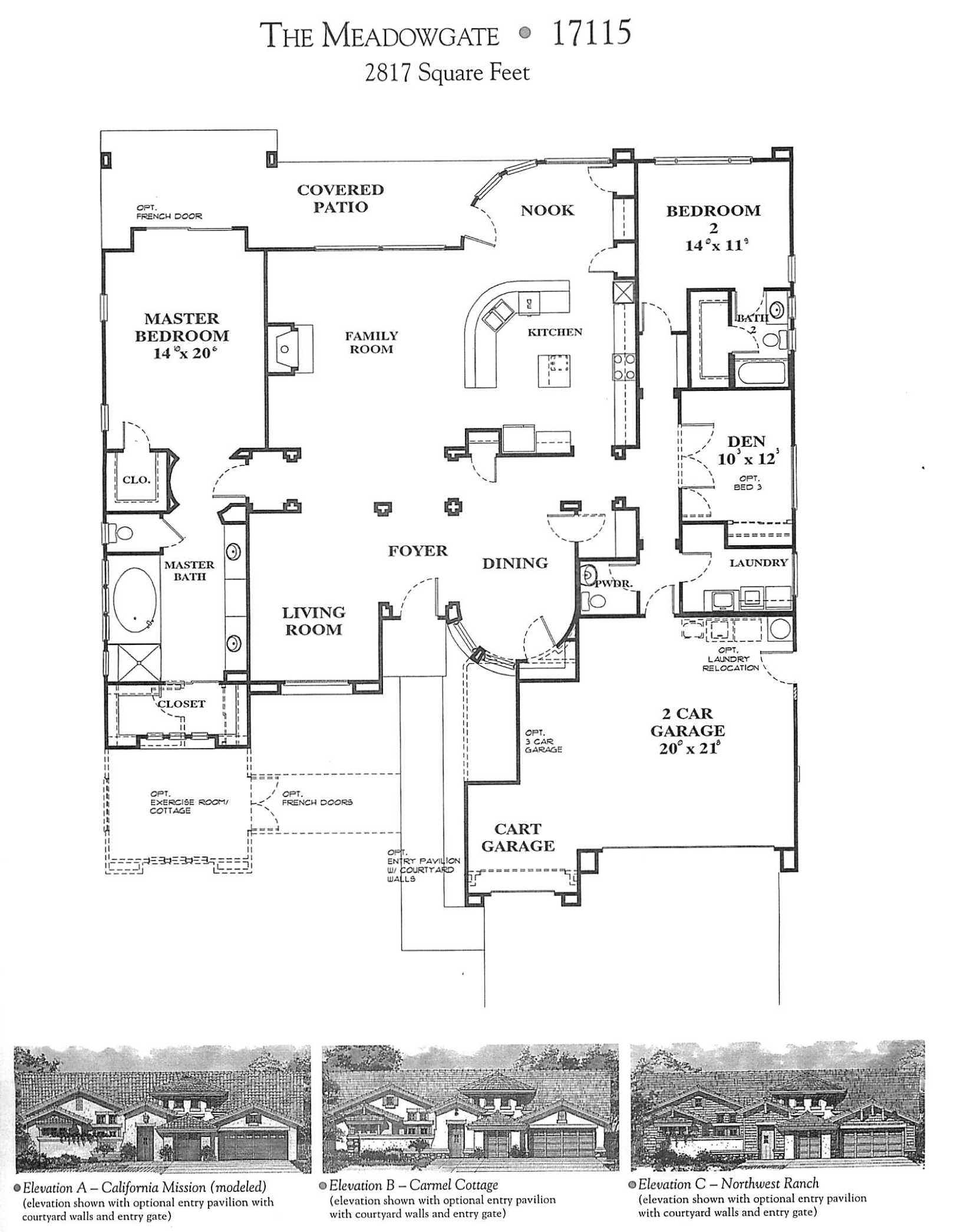 Architectural plan of The Meadowgate house showing different elevation options and a row of houses at the bottom.