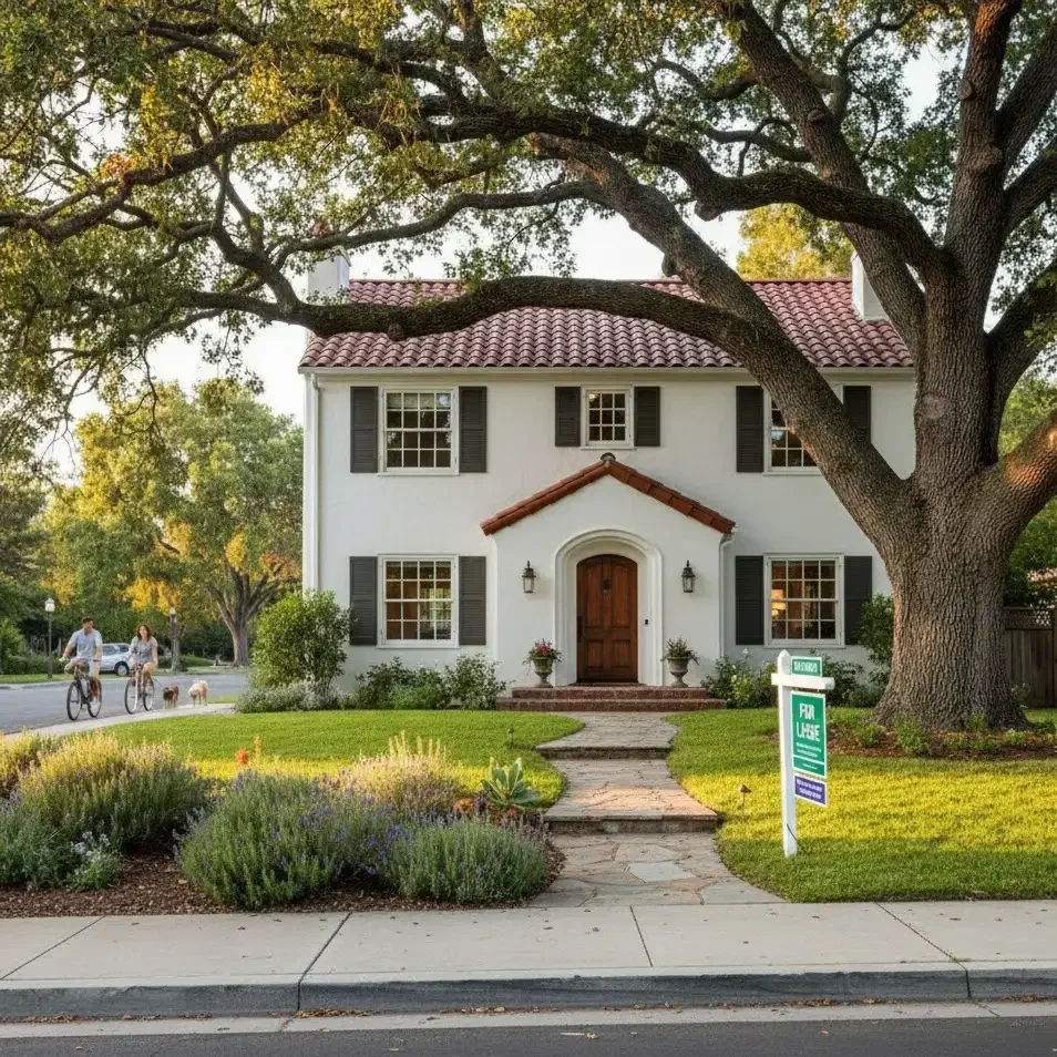 A charming two-story white house with dark shutters, a red-tiled roof, and a centered front door with steps leading up to it. The front yard has lush green grass, bushes, and a garden bed. There is a large tree with sprawling branches over the house. A 
