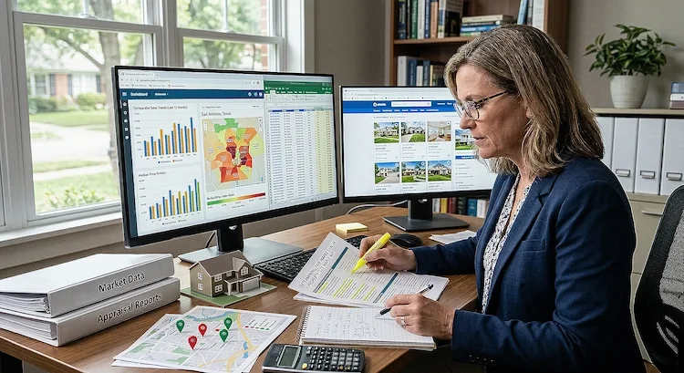 Woman working at a desk with two computer monitors, reviewing documents, with charts, maps, and data on screens, and office supplies around.