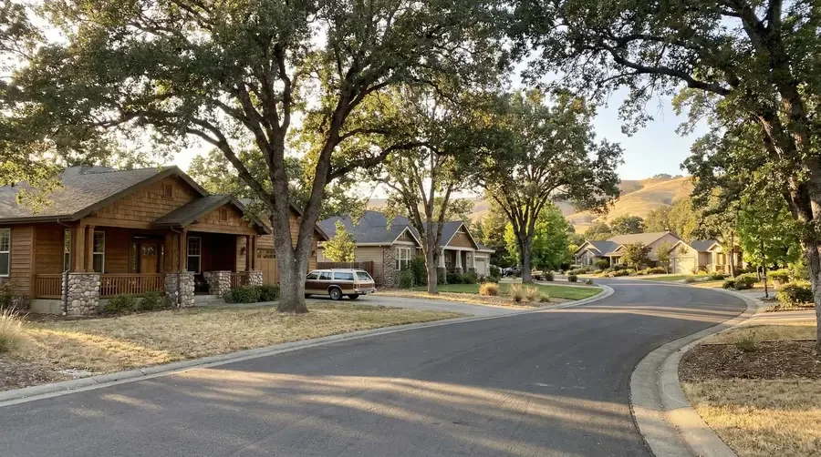 A quiet suburban street with several houses, large trees lining the street, and mountains in the background during late afternoon or early evening.