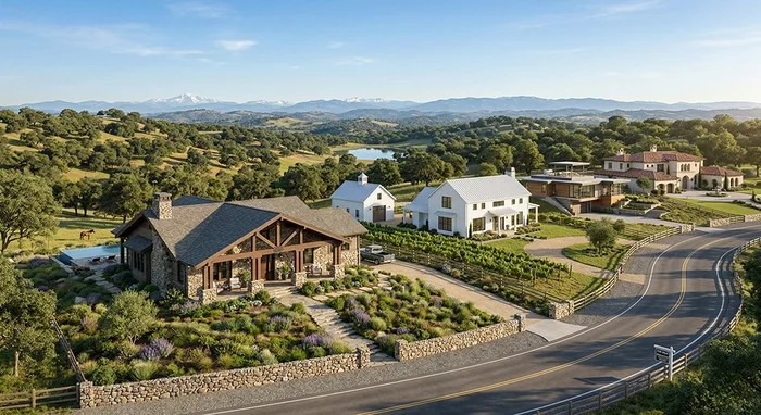 A scenic view of a rural residential area with several houses surrounded by green fields, trees, and a distant mountain range with snow-capped peaks, under a clear blue sky.