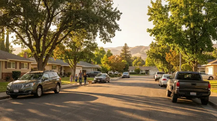 A suburban neighborhood street with parked cars, trees, and families walking their dogs in the late afternoon or early evening.