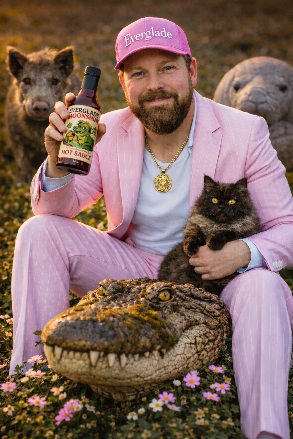 A man in a pink suit and pink cap labeled 'Everglade' sitting on the ground with a black cat in his lap, holding a bottle of 'Everglade Moonshine Hot Sauce'. He is surrounded by animals including a crocodile at his feet, a hippopotamus, and a wild boar in the background, with a field of small pink and white flowers.