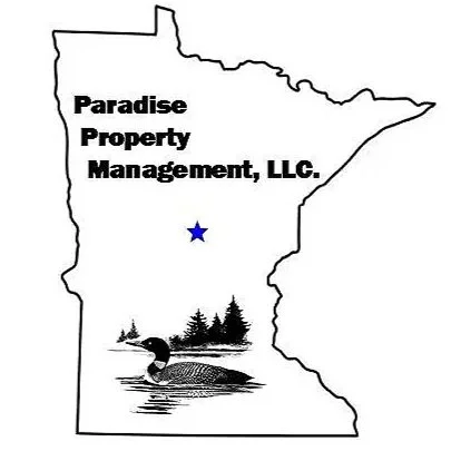 Outline map of Minnesota with text "Paradise Property Management, LLC." and a blue star marking a location. There is an illustration of a duck on a pond at the bottom of the map.