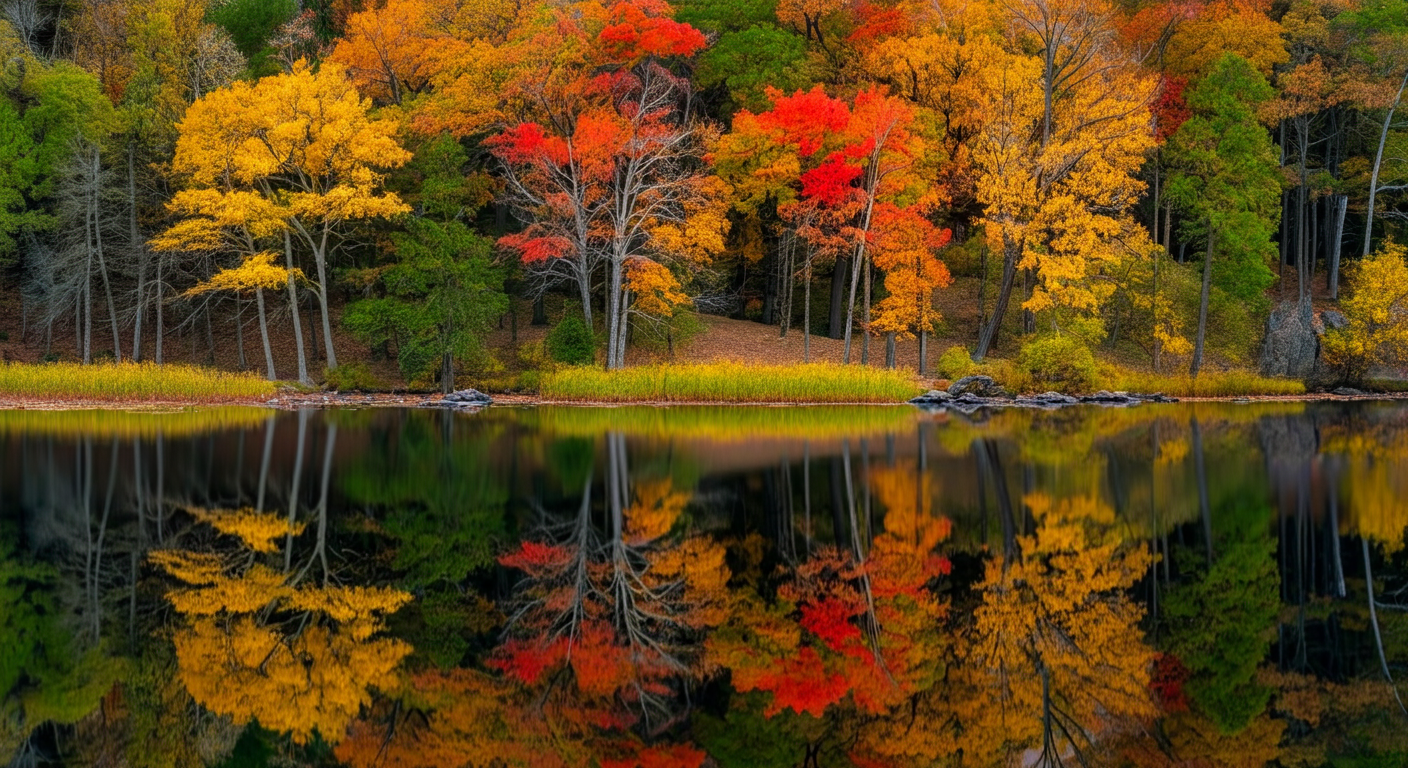 Colorful autumn trees on a hillside reflected in a calm lake.