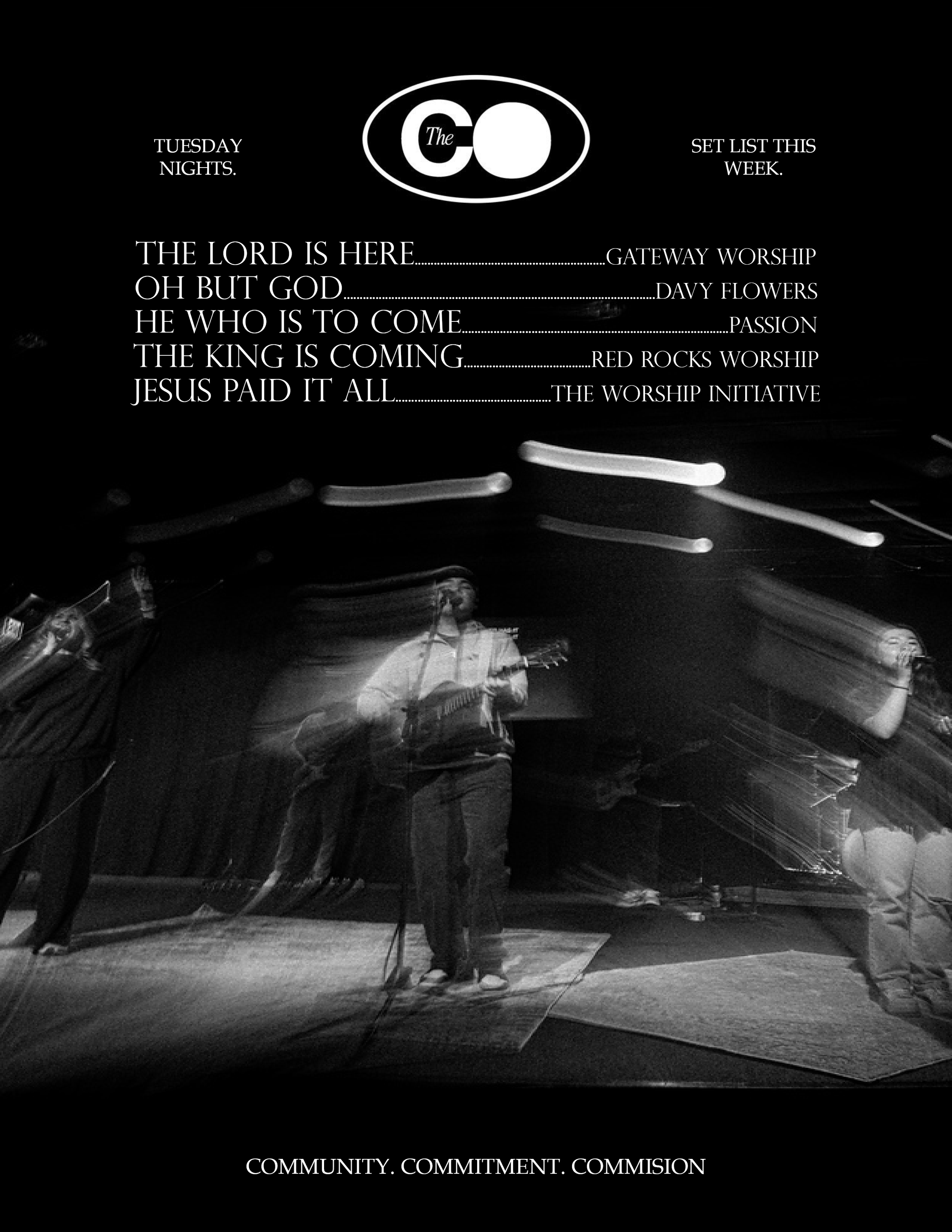 Black and white image of a stage with a man playing guitar and singing, with text overlay listing worship songs for Tuesday nights at The Co community event.