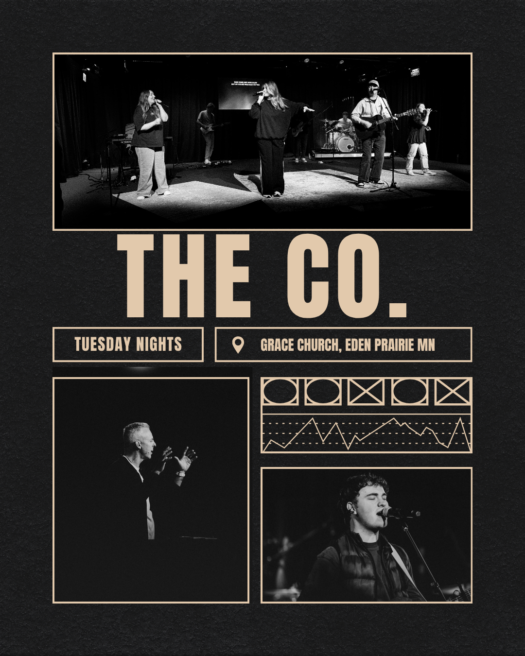 Event poster for a music event called 'The Co.' at Grace Church in Eden Prairie, MN, on Tuesday nights, featuring a black and white photo of a band performing on stage, and two smaller photos of individuals singing or speaking.