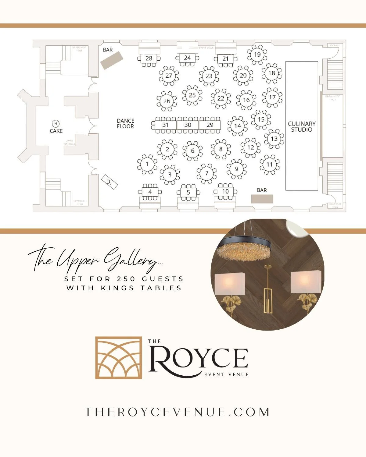 Another look at what&rsquo;s possible ✨

This floor plan showcases a wedding reception in The Upper Gallery, featuring king&rsquo;s tables running down the center, seating for up to 250 guests, a dedicated DJ setup, and two bar locations designed to 
