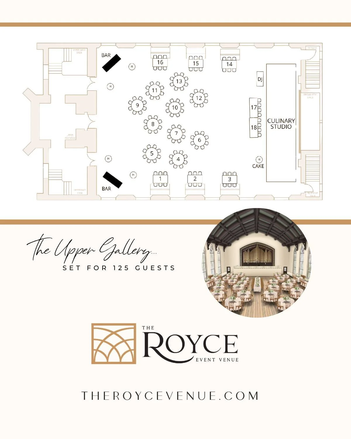 Nights to remember start with an open floor plan!🥰

Nothing but great views and all eyes on the most important feature...YOU!

This floor plan showcases a wedding reception in The Upper Gallery, seating for 125 guests, a dedicated DJ setup, and two 
