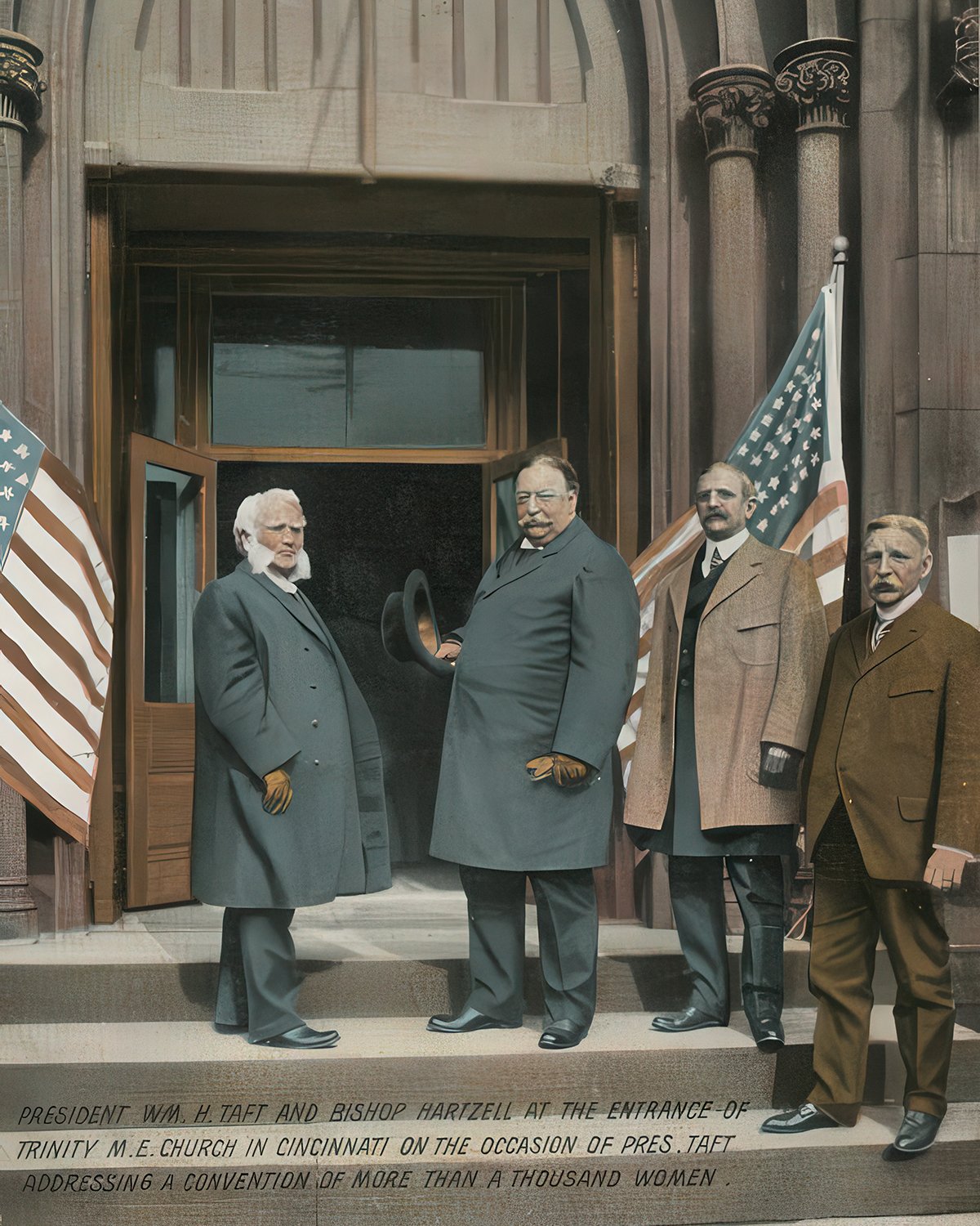 Historic Photo of President Willilam Howard Taft standing on the doorsteps of The Royce Venue. Image taken from an old postcard.