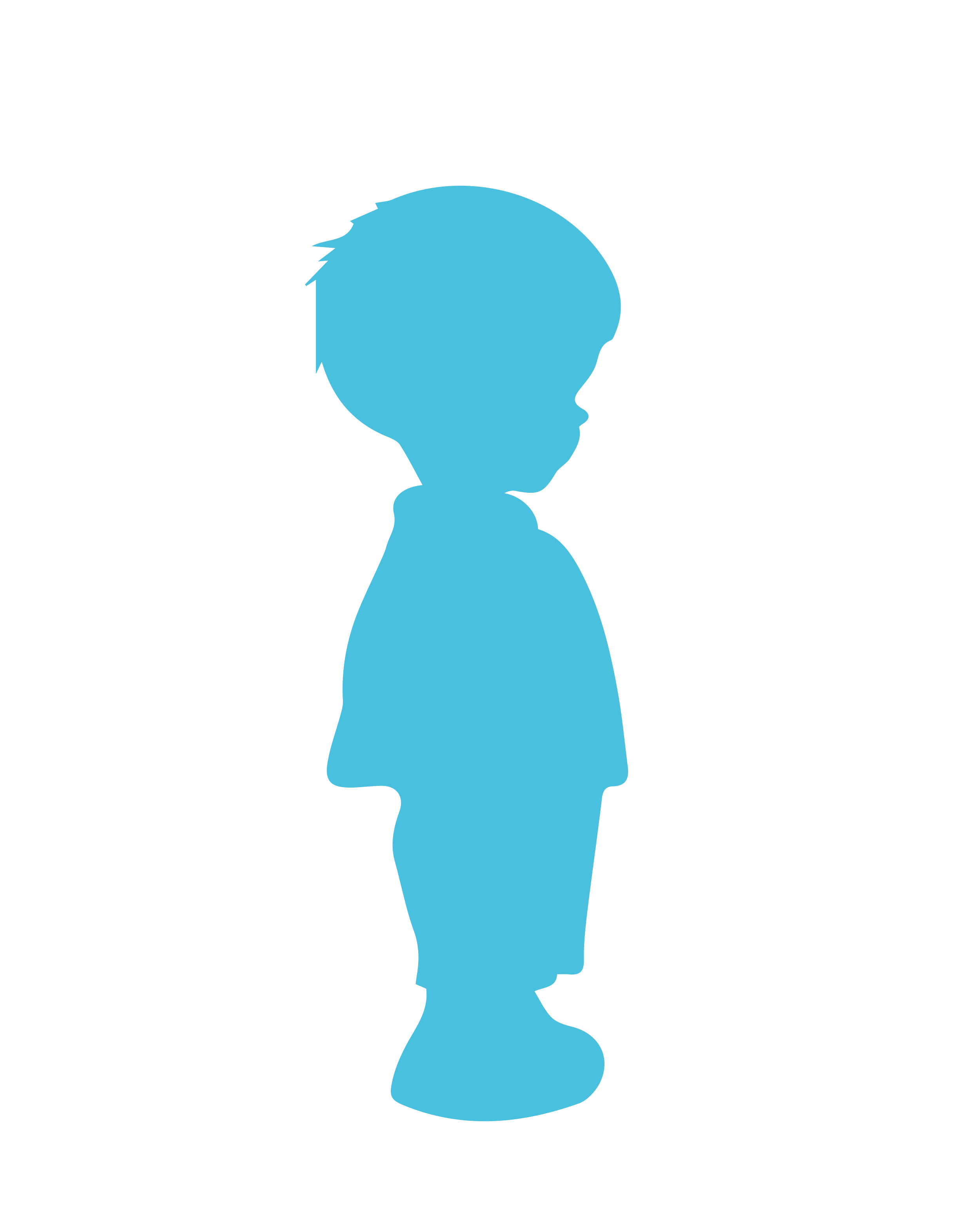 Silhouette of a young child with short hair, standing in profile, wearing a T-shirt, shorts, and shoes, colored in blue.