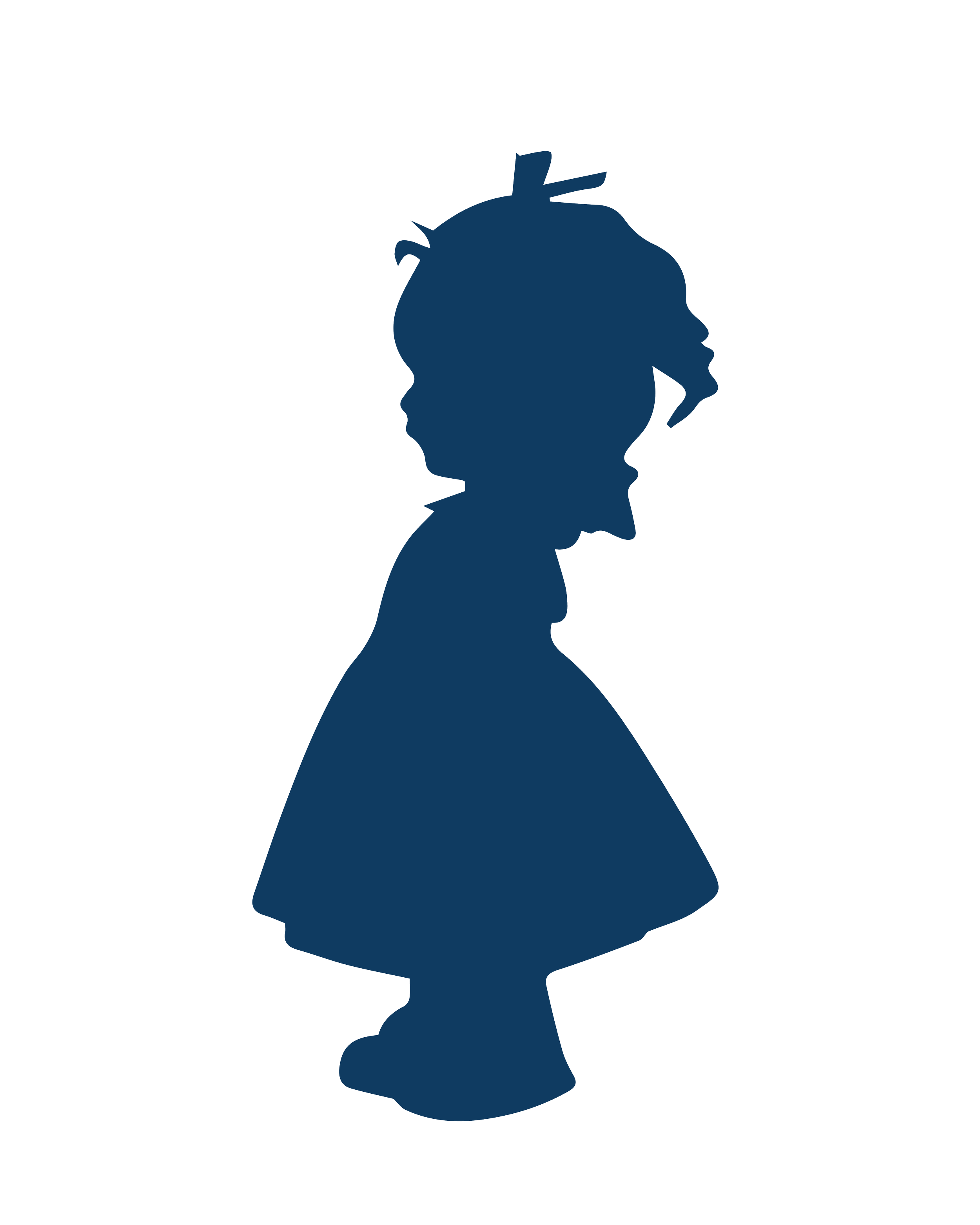 Silhouette of a young girl with shoulder-length hair, wearing a dress, facing left.